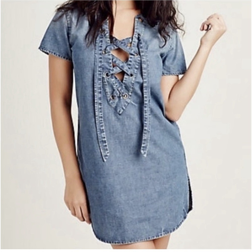 True Religion Lace Up Blue Denim Tunic Shirt Dress Size Med Side Slits